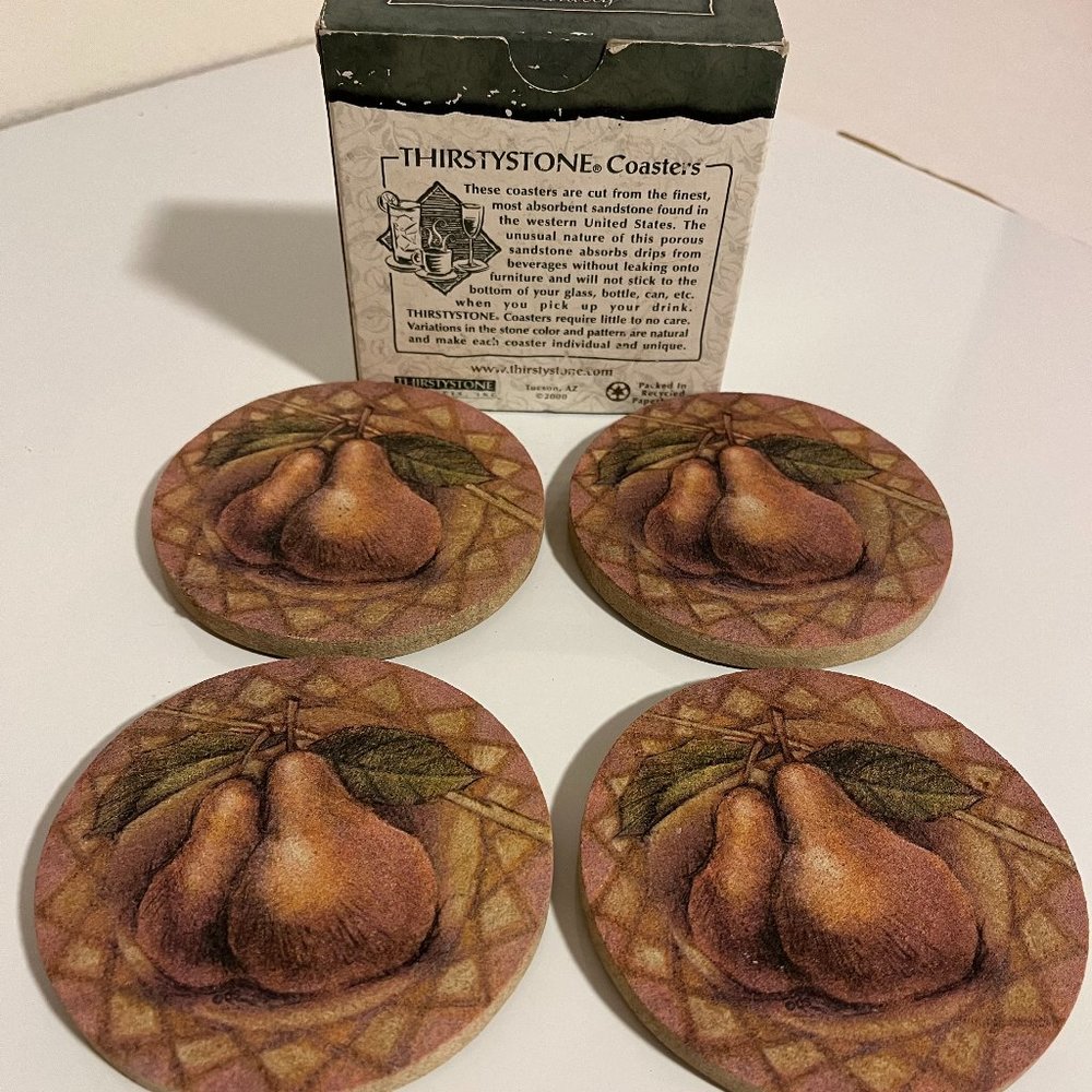 SET OF 4 SANDSTONE water absorbing COASTERS W/ NATURAL CORK BACKING